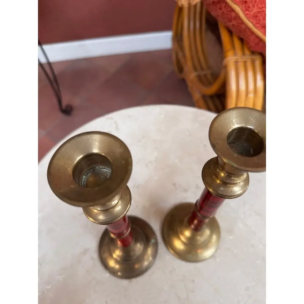 Vintage Brass Candlesticks Pair Red Faux Marble Enamel Column Stem 10
